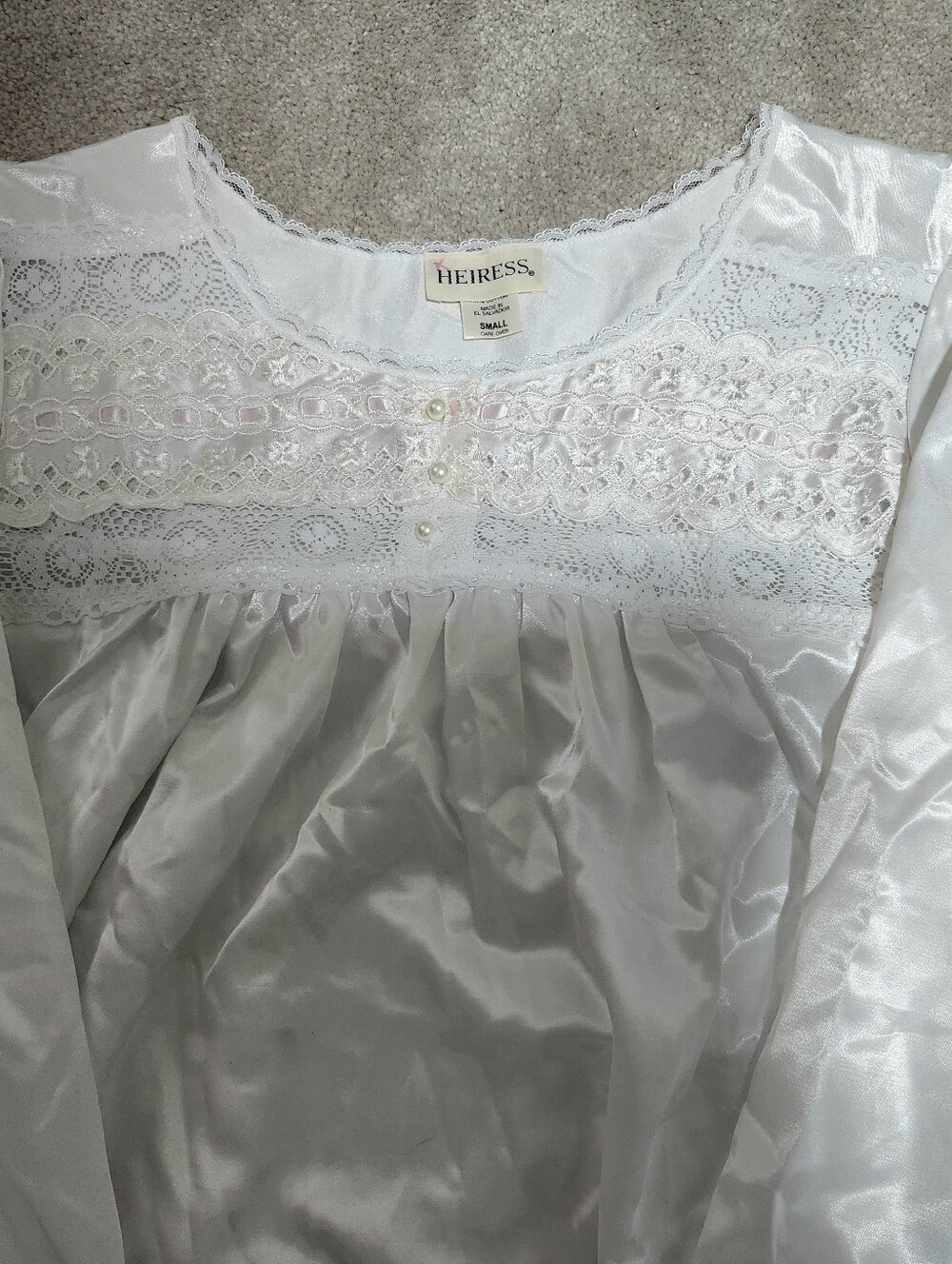Vintage NWT Heiress White Satin Nightgown With Lace Yoke Size Small
